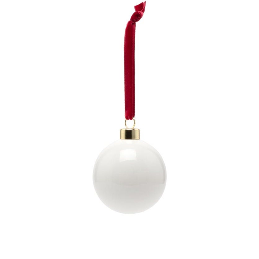 Chihuahua Christmas bauble, bone china, stylish dog design, 65mm diameter, dark red velvet ribbon, unique Christmas tree decoration.