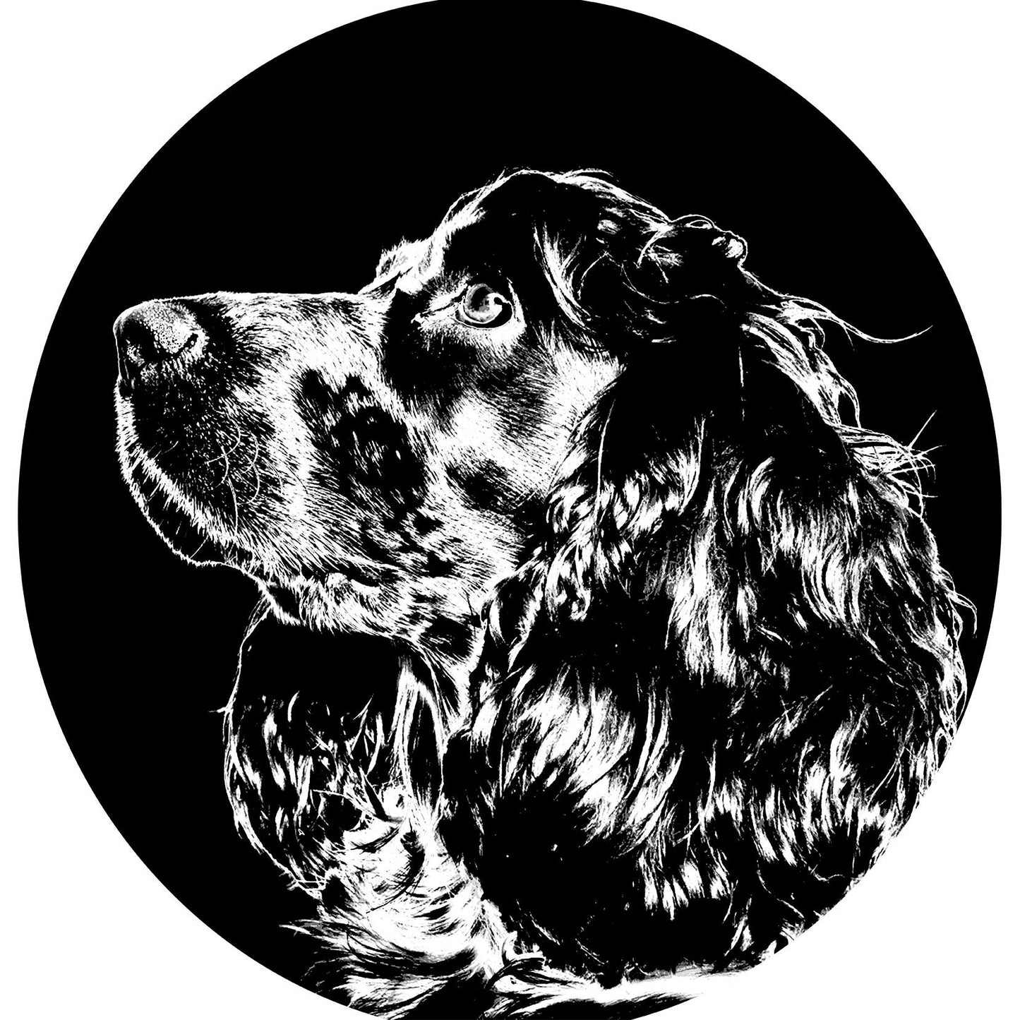 Spaniel Christmas bauble, bone china, stylish black and white dog design, 65mm diameter, dark red velvet ribbon, unique Xmas decoration.