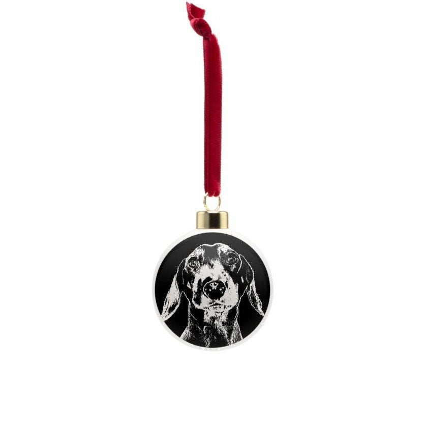 Dachshund Christmas bauble, bone china, stylish black and white dog design, 65mm diameter, dark red velvet ribbon, unique Xmas decoration.