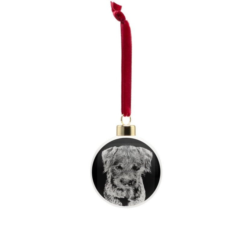 Terrier dog Christmas bauble, bone china, stylish black and white dog design, 65mm diameter, dark red velvet ribbon, Xmas tree decoration.