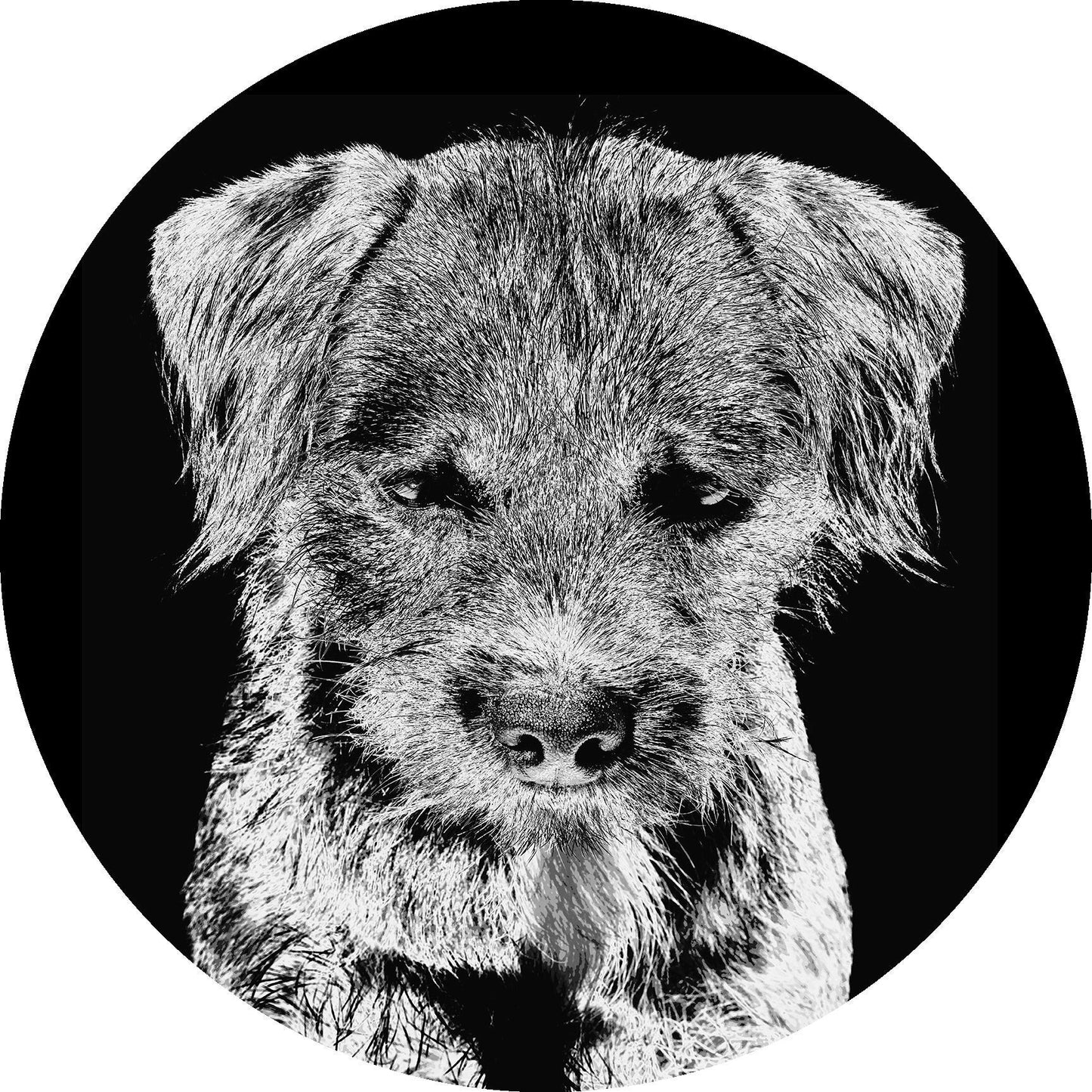 Terrier dog Christmas bauble, bone china, stylish black and white dog design, 65mm diameter, dark red velvet ribbon, Xmas tree decoration.