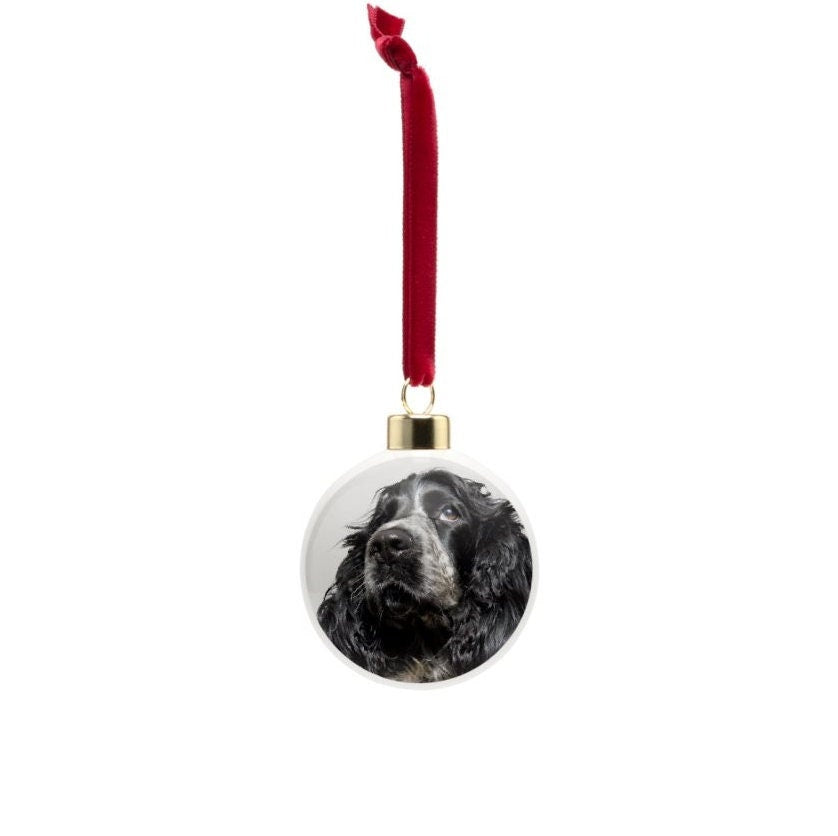 Spaniel Christmas bauble, bone china, stylish dog design, 65mm diameter, dark red velvet ribbon, unique Christmas tree decoration.