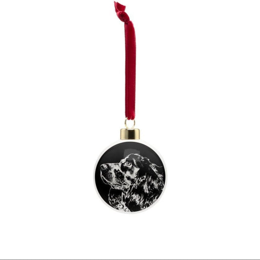 Spaniel Christmas bauble, bone china, stylish black and white dog design, 65mm diameter, dark red velvet ribbon, unique Xmas decoration.