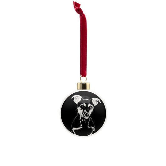 Jack Russell Christmas bauble, bone china, stylish black and white dog design, 65mm diameter, dark red velvet ribbon, Xmas tree decoration.