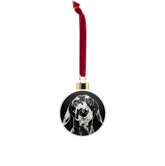 Dachshund Christmas bauble, bone china, stylish black and white dog design, 65mm diameter, dark red velvet ribbon, unique Xmas decoration.