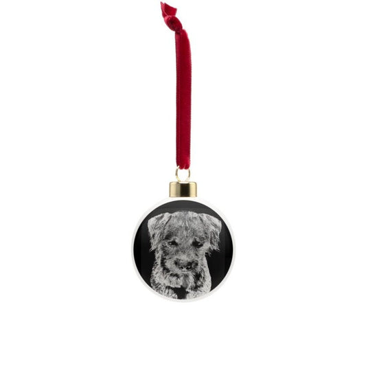 Terrier dog Christmas bauble, bone china, stylish black and white dog design, 65mm diameter, dark red velvet ribbon, Xmas tree decoration.