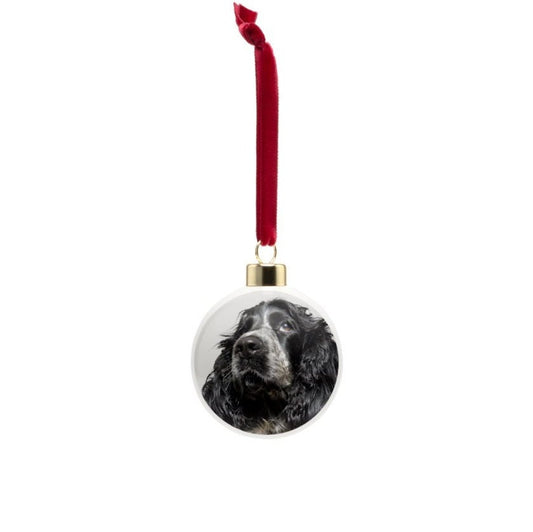 Spaniel Christmas bauble, bone china, stylish dog design, 65mm diameter, dark red velvet ribbon, unique Christmas tree decoration.