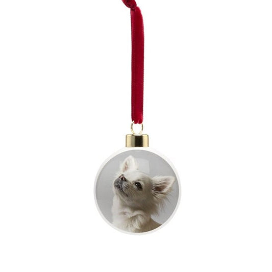 Chihuahua Christmas bauble, bone china, stylish dog design, 65mm diameter, dark red velvet ribbon, unique Christmas tree decoration.