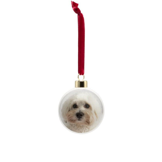 Malti-poo Christmas bauble, bone china, stylish dog design, 65mm diameter, dark red velvet ribbon, unique Christmas tree decoration.
