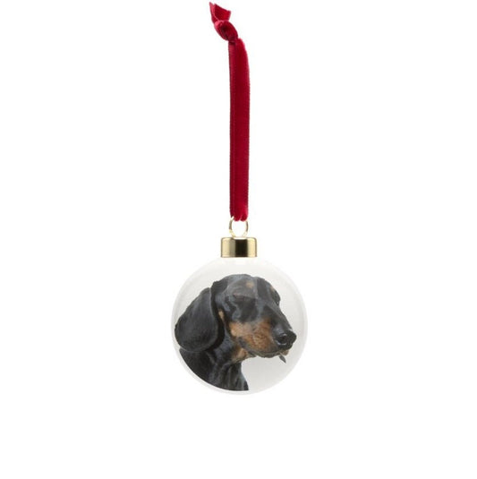 Dachshund Christmas bauble, bone china, stylish dog design, 65mm diameter, dark red velvet ribbon, unique Christmas tree decoration.