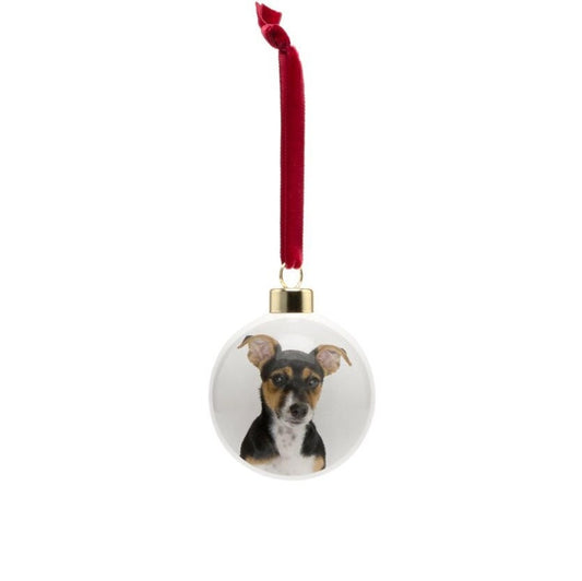 Jack Russell Christmas bauble, bone china, stylish dog design, 65mm diameter, dark red velvet ribbon, unique Christmas tree decoration.